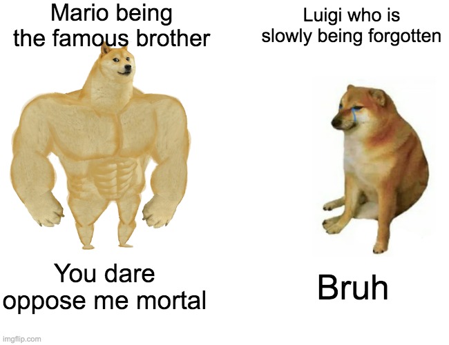 Buff Doge vs. Cheems Meme | Mario being the famous brother; Luigi who is slowly being forgotten; You dare oppose me mortal; Bruh | image tagged in memes,buff doge vs cheems | made w/ Imgflip meme maker