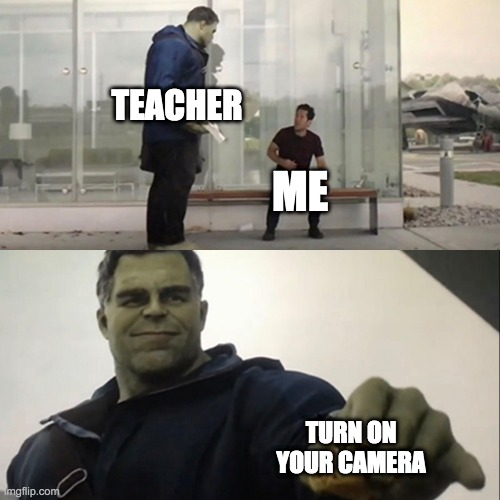 Hulk Taco | TEACHER; ME; TURN ON YOUR CAMERA | image tagged in hulk taco | made w/ Imgflip meme maker