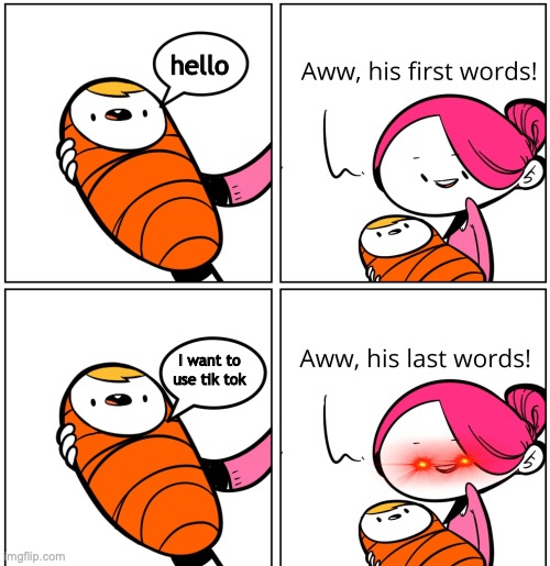bad baby | hello I want to use tik tok | image tagged in aww his last words | made w/ Imgflip meme maker