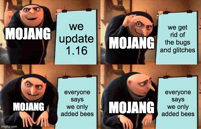Gru's Plan Meme | we update 1.16; we get rid of the bugs and glitches; MOJANG; MOJANG; everyone says we only added bees; everyone says we only added bees; MOJANG; MOJANG | image tagged in memes,gru's plan | made w/ Imgflip meme maker