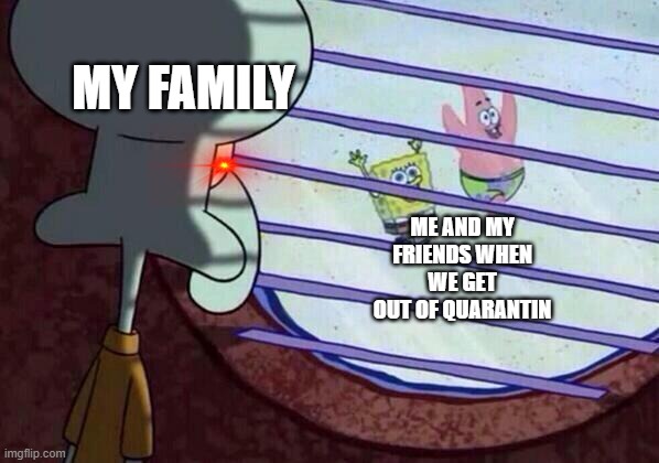 Squidward window | MY FAMILY; ME AND MY FRIENDS WHEN WE GET OUT OF QUARANTIN | image tagged in squidward window,covid,quarantine | made w/ Imgflip meme maker