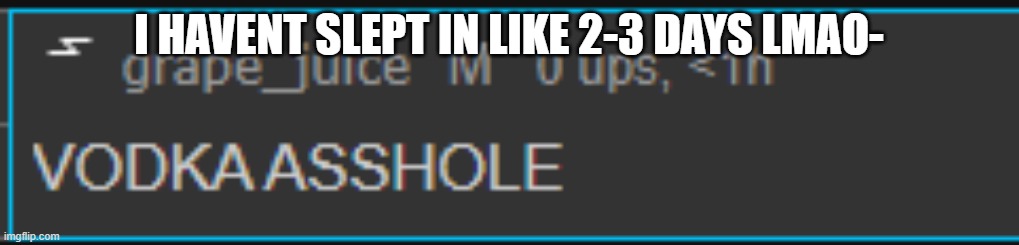 vodka asshole | I HAVENT SLEPT IN LIKE 2-3 DAYS LMAO- | image tagged in vodka asshole | made w/ Imgflip meme maker