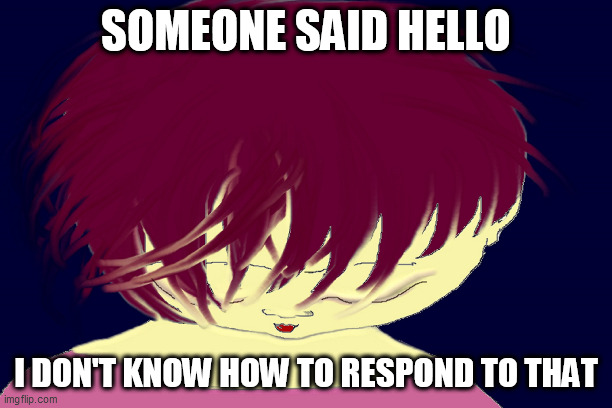 The Quiet Girl by B.A.D. | SOMEONE SAID HELLO; I DON'T KNOW HOW TO RESPOND TO THAT | image tagged in hello,shy,social anxiety | made w/ Imgflip meme maker