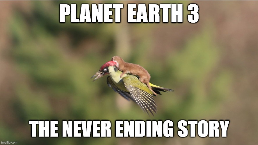 Weasel & Woody |  PLANET EARTH 3; THE NEVER ENDING STORY | image tagged in weasel rider,weasel,woodpeckers,falcor,the never ending story,atreyu | made w/ Imgflip meme maker