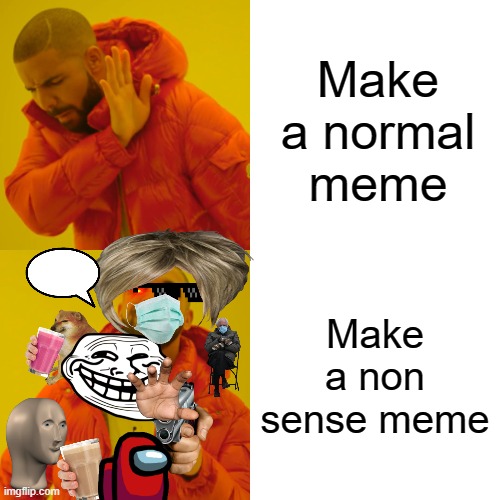 Bruh. | Make a normal meme; Make a non sense meme | image tagged in memes,drake hotline bling | made w/ Imgflip meme maker