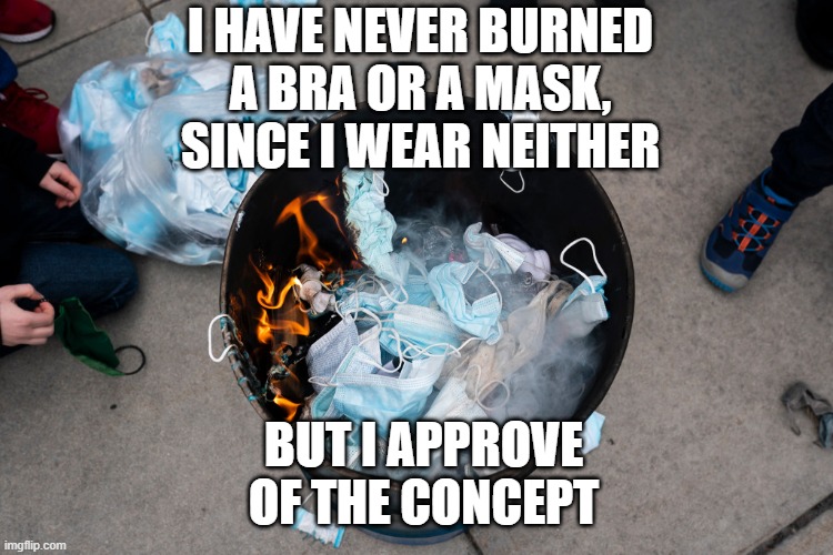 Burning masks | I HAVE NEVER BURNED A BRA OR A MASK, SINCE I WEAR NEITHER; BUT I APPROVE OF THE CONCEPT | image tagged in masks,politics | made w/ Imgflip meme maker