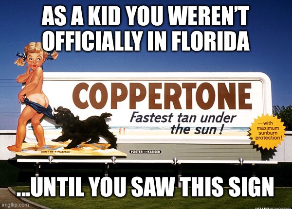 Feel the Burn | AS A KID YOU WEREN’T OFFICIALLY IN FLORIDA; ...UNTIL YOU SAW THIS SIGN | image tagged in coppertone,sign,little girl,dog,tan,sunburn | made w/ Imgflip meme maker