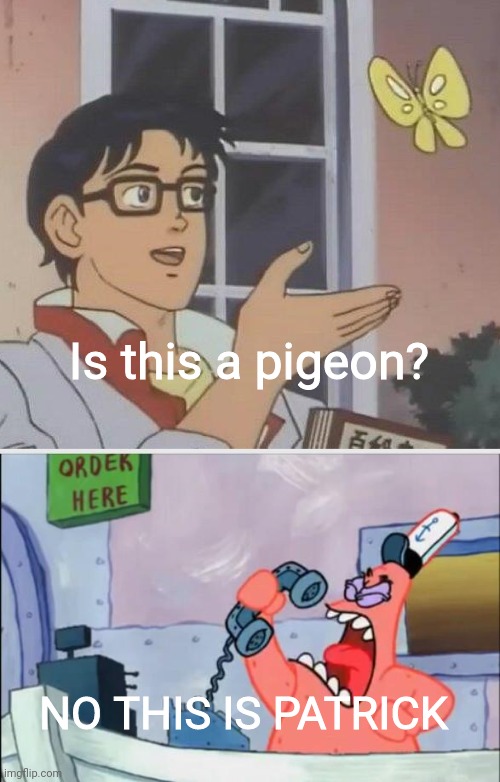 Is this a pigeon? NO THIS IS PATRICK | image tagged in memes,is this a pigeon,no this is patrick,crossover memes,funny memes,funny | made w/ Imgflip meme maker