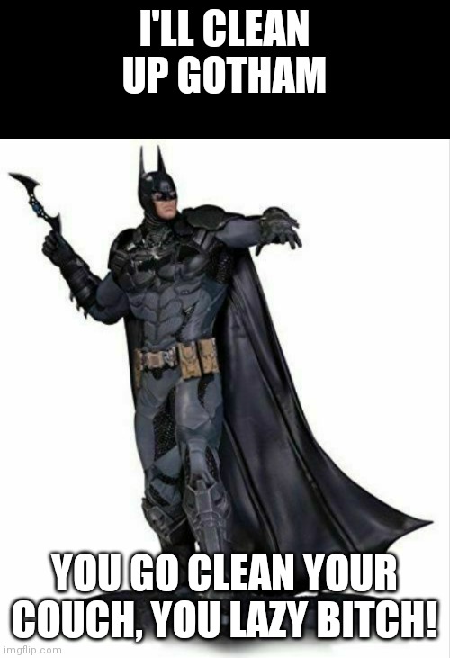 I'LL CLEAN UP GOTHAM; YOU GO CLEAN YOUR COUCH, YOU LAZY BITCH! | image tagged in batman | made w/ Imgflip meme maker