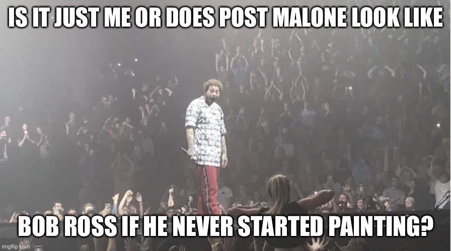 BobRoss not zen | IS IT JUST ME OR DOES POST MALONE LOOK LIKE; BOB ROSS IF HE NEVER STARTED PAINTING? | image tagged in girl flashes post malone,bob ross | made w/ Imgflip meme maker