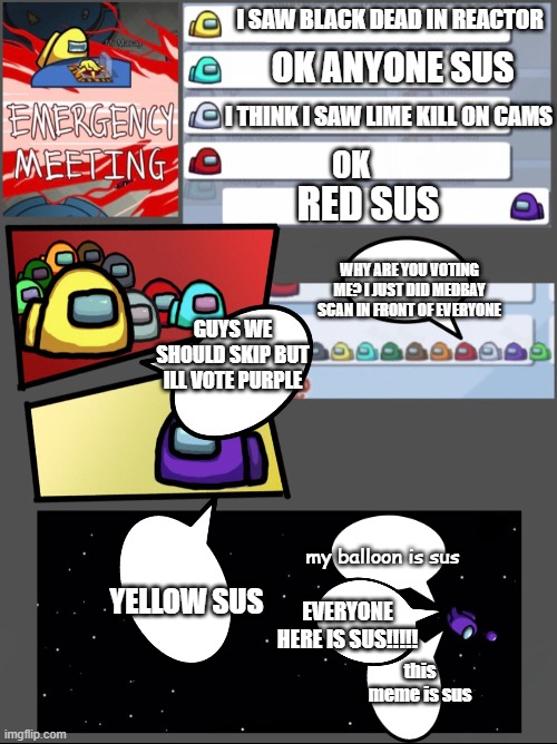 just because red is red, it doesn't mean red is sus all the time. | I SAW BLACK DEAD IN REACTOR; OK ANYONE SUS; I THINK I SAW LIME KILL ON CAMS; OK; RED SUS; WHY ARE YOU VOTING ME? I JUST DID MEDBAY SCAN IN FRONT OF EVERYONE; GUYS WE SHOULD SKIP BUT ILL VOTE PURPLE; my balloon is sus; YELLOW SUS; EVERYONE HERE IS SUS!!!!! this meme is sus | image tagged in among us chat | made w/ Imgflip meme maker