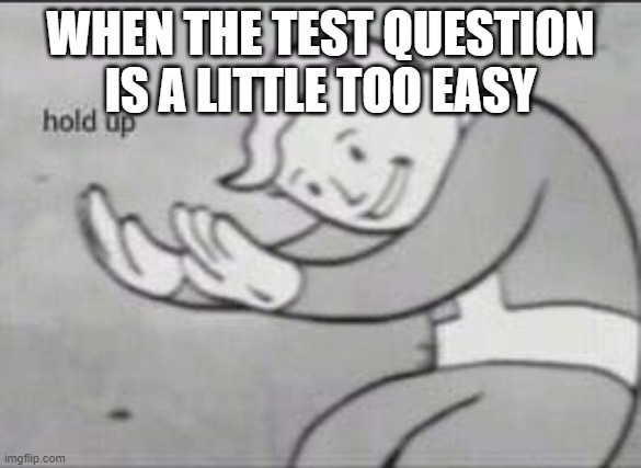 Fallout Hold Up | WHEN THE TEST QUESTION IS A LITTLE TOO EASY | image tagged in fallout hold up | made w/ Imgflip meme maker