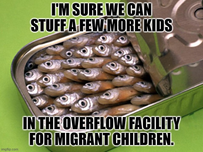 It's safe to put more kids in, but not to let the press in. | I'M SURE WE CAN STUFF A FEW MORE KIDS; IN THE OVERFLOW FACILITY FOR MIGRANT CHILDREN. | image tagged in sardines | made w/ Imgflip meme maker