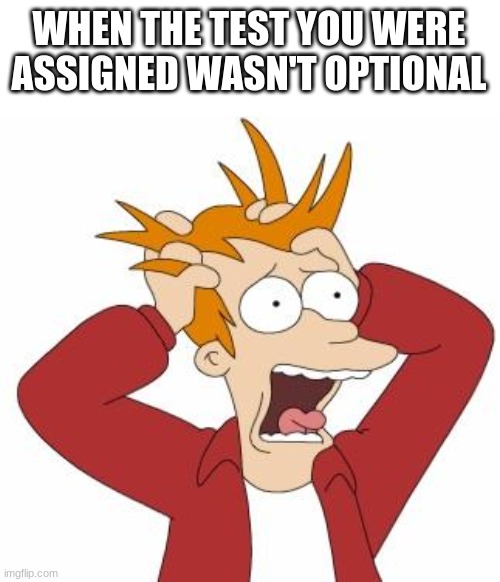 Fry Freaking Out | WHEN THE TEST YOU WERE ASSIGNED WASN'T OPTIONAL | image tagged in fry freaking out,funny,funny memes,memes | made w/ Imgflip meme maker