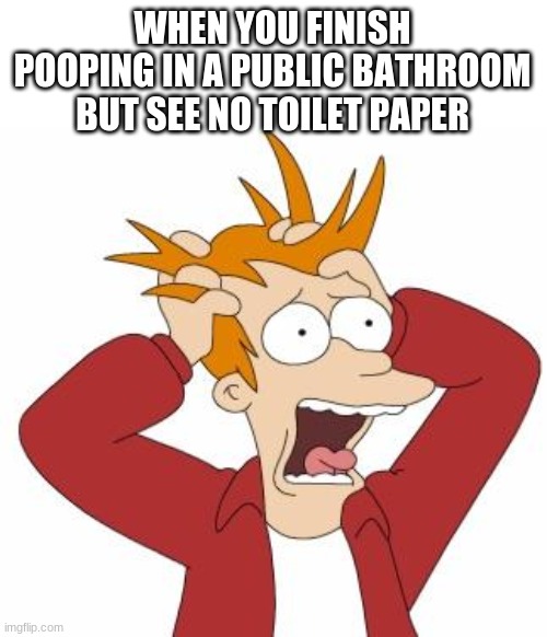 Fry Freaking Out | WHEN YOU FINISH POOPING IN A PUBLIC BATHROOM BUT SEE NO TOILET PAPER | image tagged in fry freaking out,memes,funny,funny memes | made w/ Imgflip meme maker