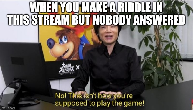 This isn't how you're supposed to play the game! | WHEN YOU MAKE A RIDDLE IN THIS STREAM BUT NOBODY ANSWERED | image tagged in this isn't how you're supposed to play the game | made w/ Imgflip meme maker