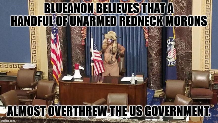 Never mind the daily rioting from the left, this guy is the real threat. | BLUEANON BELIEVES THAT A HANDFUL OF UNARMED REDNECK MORONS ALMOST OVERTHREW THE US GOVERNMENT. | image tagged in buffalo guy | made w/ Imgflip meme maker