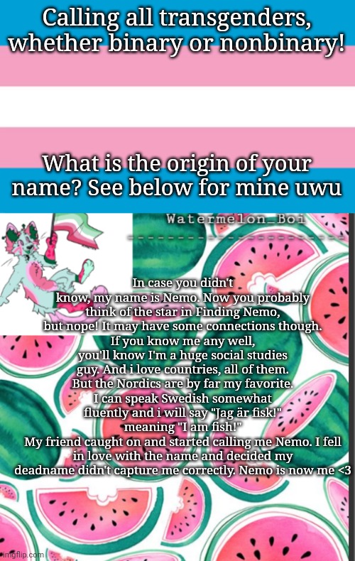 Calling all transgenders, whether binary or nonbinary! What is the origin of your name? See below for mine uwu; In case you didn't know, my name is Nemo. Now you probably think of the star in Finding Nemo, but nope! It may have some connections though.
If you know me any well, you'll know I'm a huge social studies guy. And i love countries, all of them. But the Nordics are by far my favorite.
I can speak Swedish somewhat fluently and i will say "Jag är fisk!" meaning "I am fish!"
My friend caught on and started calling me Nemo. I fell in love with the name and decided my deadname didn't capture me correctly. Nemo is now me <3 | image tagged in transgender flag,nemo's template | made w/ Imgflip meme maker