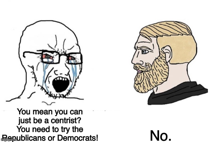 Alliance party, unity party, stuff like that. | No. You mean you can just be a centrist? You need to try the Republicans or Democrats! | image tagged in soyboy vs yes chad | made w/ Imgflip meme maker