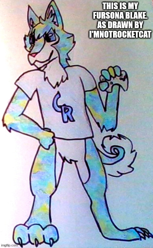 drawn by i'mnotrocketcat | THIS IS MY FURSONA BLAKE. AS DRAWN BY I'MNOTROCKETCAT | image tagged in furries | made w/ Imgflip meme maker