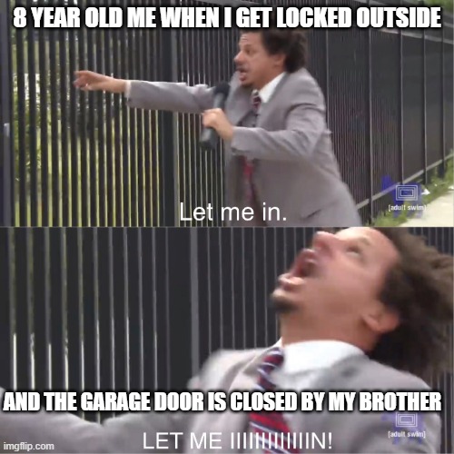 When 8yr old me when i get locked outside | 8 YEAR OLD ME WHEN I GET LOCKED OUTSIDE; AND THE GARAGE DOOR IS CLOSED BY MY BROTHER | image tagged in let me in | made w/ Imgflip meme maker