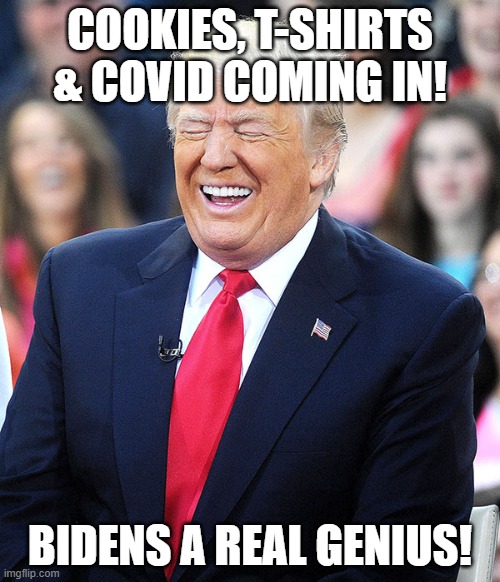 trump laughing | COOKIES, T-SHIRTS & COVID COMING IN! BIDENS A REAL GENIUS! | image tagged in trump laughing | made w/ Imgflip meme maker