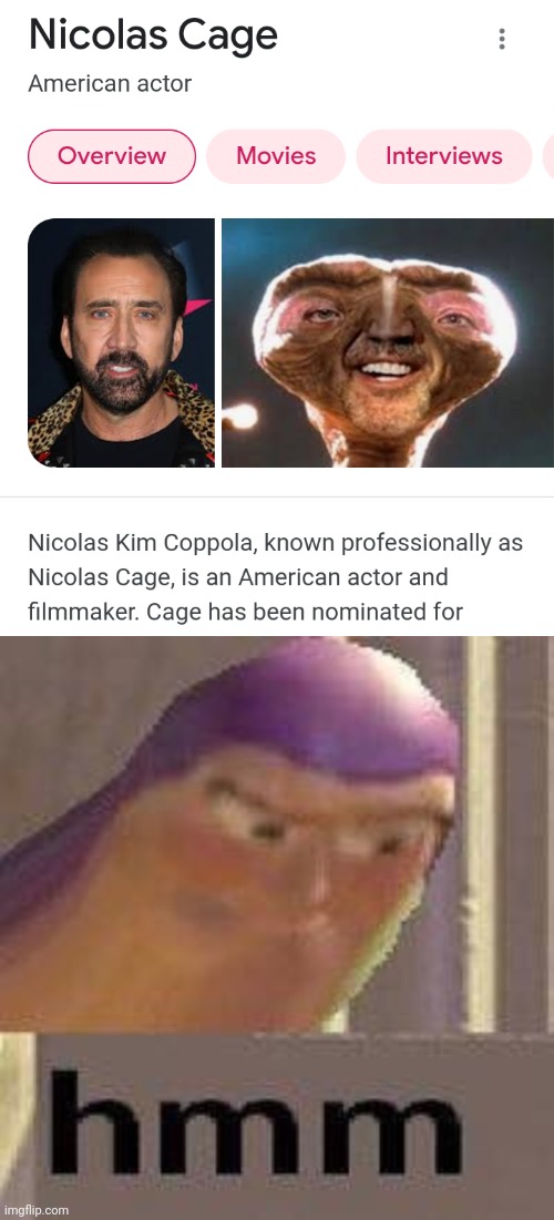 Ah yes of course | image tagged in buzz lightyear hmm,nicholas cage,google search,google images,et | made w/ Imgflip meme maker