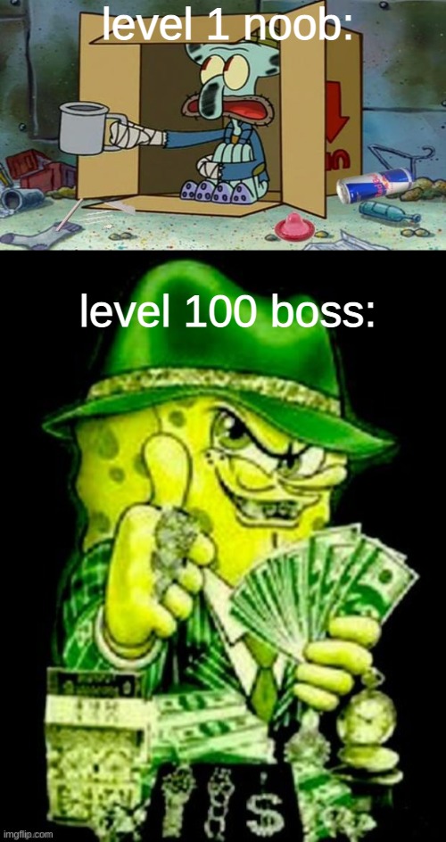 mafia games in a nutshell | level 1 noob:; level 100 boss: | image tagged in squidward poor | made w/ Imgflip meme maker