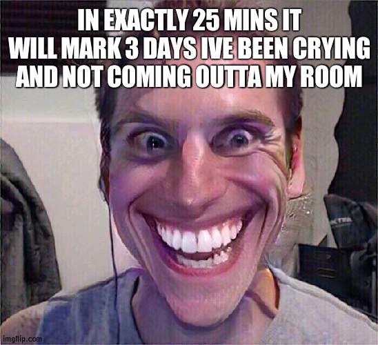 Jerma | IN EXACTLY 25 MINS IT WILL MARK 3 DAYS IVE BEEN CRYING AND NOT COMING OUTTA MY ROOM | image tagged in jerma | made w/ Imgflip meme maker