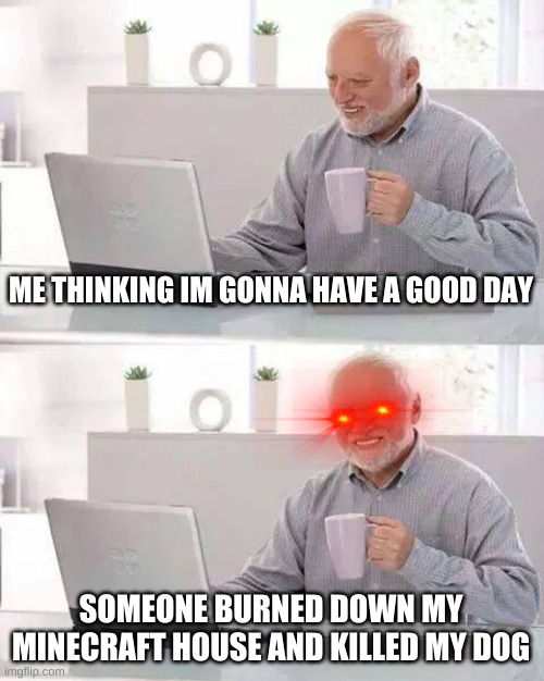 Hide the Pain Harold | ME THINKING IM GONNA HAVE A GOOD DAY; SOMEONE BURNED DOWN MY MINECRAFT HOUSE AND KILLED MY DOG | image tagged in memes,hide the pain harold | made w/ Imgflip meme maker