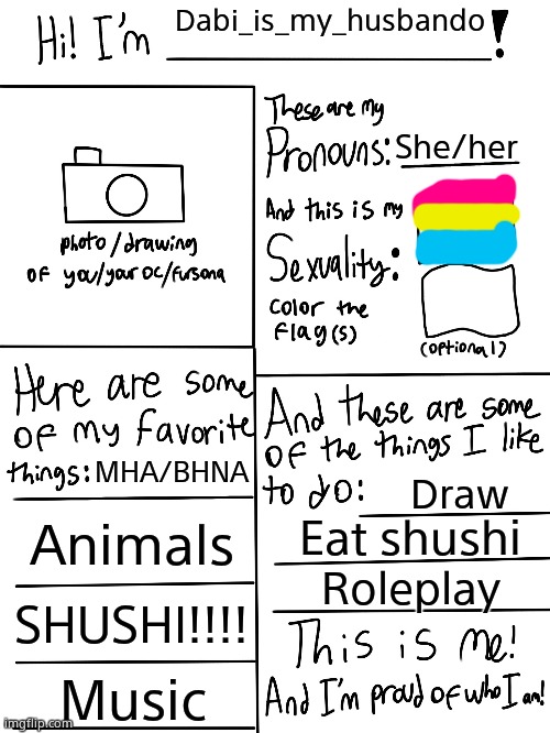 Lgbtq stream account profile | Dabi_is_my_husbando; She/her; MHA/BHNA; Draw; Animals; Eat shushi; Roleplay; SHUSHI!!!! Music | image tagged in lgbtq stream account profile | made w/ Imgflip meme maker
