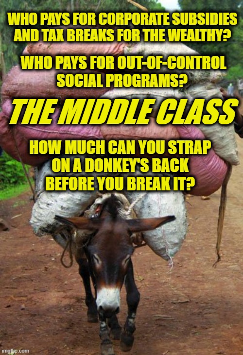 Break My Back | WHO PAYS FOR CORPORATE SUBSIDIES
AND TAX BREAKS FOR THE WEALTHY? WHO PAYS FOR OUT-OF-CONTROL
SOCIAL PROGRAMS? THE MIDDLE CLASS; HOW MUCH CAN YOU STRAP
ON A DONKEY'S BACK
BEFORE YOU BREAK IT? | image tagged in middle class | made w/ Imgflip meme maker