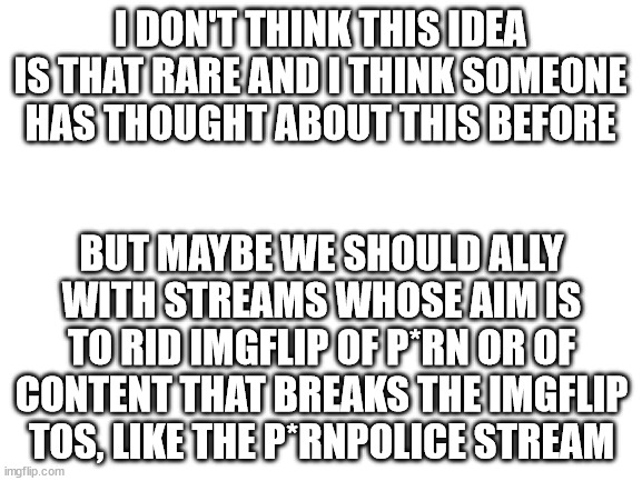 Blank White Template | I DON'T THINK THIS IDEA IS THAT RARE AND I THINK SOMEONE HAS THOUGHT ABOUT THIS BEFORE; BUT MAYBE WE SHOULD ALLY WITH STREAMS WHOSE AIM IS TO RID IMGFLIP OF P*RN OR OF CONTENT THAT BREAKS THE IMGFLIP TOS, LIKE THE P*RNPOLICE STREAM | image tagged in blank white template | made w/ Imgflip meme maker