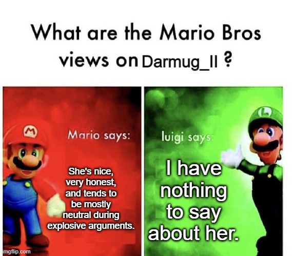 Mario Bros Views | Darmug_II; She's nice, very honest, and tends to be mostly neutral during explosive arguments. I have nothing to say about her. | image tagged in mario bros views | made w/ Imgflip meme maker