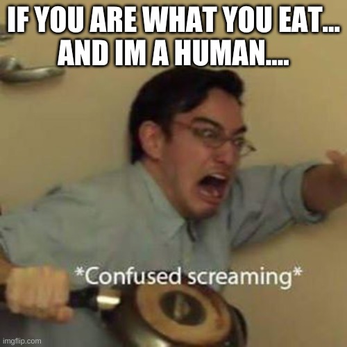 What have I been eating lately... | IF YOU ARE WHAT YOU EAT...
AND IM A HUMAN.... | image tagged in confused screaming | made w/ Imgflip meme maker