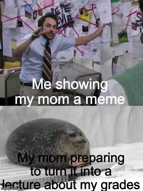 Why does this always happen??? | Me showing my mom a meme; My mom preparing to turn it into a lecture about my grades | image tagged in man explaining to seal,memes,moms | made w/ Imgflip meme maker