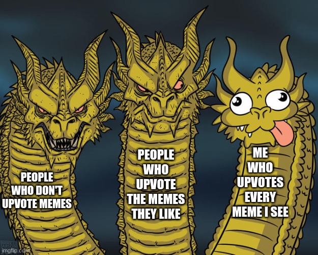 Three-headed Dragon | ME WHO UPVOTES EVERY MEME I SEE; PEOPLE WHO UPVOTE THE MEMES THEY LIKE; PEOPLE WHO DON'T UPVOTE MEMES | image tagged in three-headed dragon | made w/ Imgflip meme maker