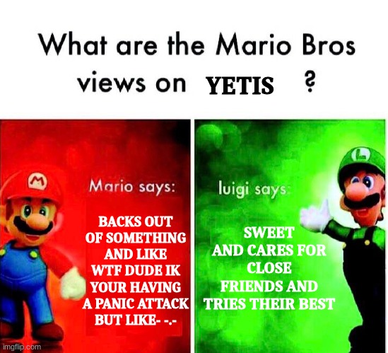 was I harsh on myself? | YETIS; BACKS OUT OF SOMETHING AND LIKE WTF DUDE IK YOUR HAVING A PANIC ATTACK BUT LIKE- -.-; SWEET AND CARES FOR CLOSE FRIENDS AND TRIES THEIR BEST | image tagged in mario luigi | made w/ Imgflip meme maker