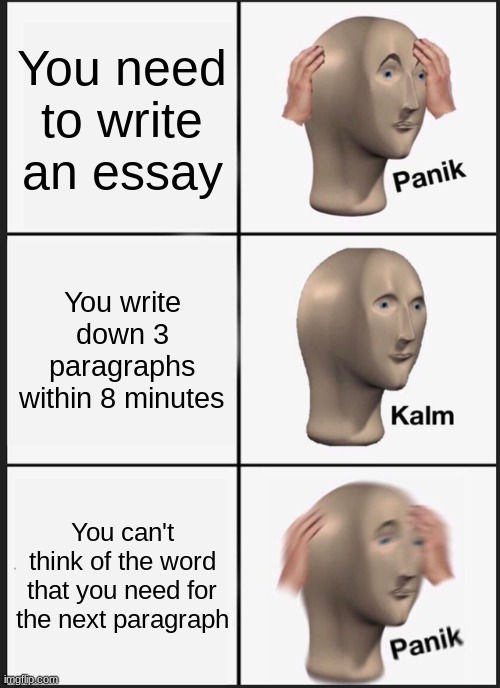 We all went through this | You need to write an essay; You write down 3 paragraphs within 8 minutes; You can't think of the word that you need for the next paragraph | image tagged in memes,panik kalm panik,essays,school | made w/ Imgflip meme maker