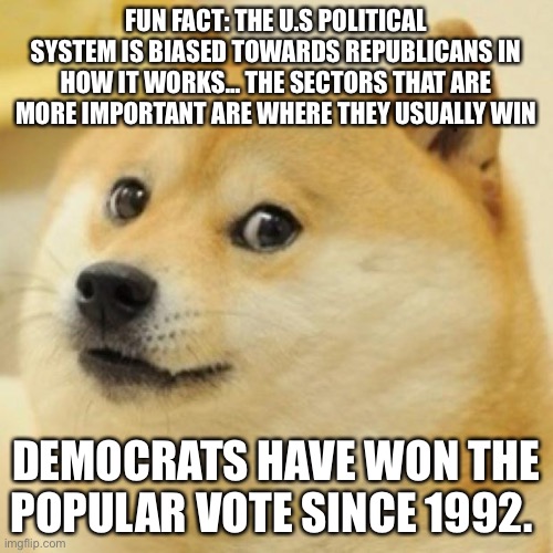 wow doge | FUN FACT: THE U.S POLITICAL SYSTEM IS BIASED TOWARDS REPUBLICANS IN HOW IT WORKS... THE SECTORS THAT ARE MORE IMPORTANT ARE WHERE THEY USUALLY WIN; DEMOCRATS HAVE WON THE POPULAR VOTE SINCE 1992. | image tagged in wow doge | made w/ Imgflip meme maker