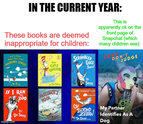 This is apparently ok on the front page of Snapchat (which many children see):; IN THE CURRENT YEAR:; These books are deemed inappropriate for children: | image tagged in memes,dr seuss,children,cancel culture,snapchat,leftist | made w/ Imgflip meme maker
