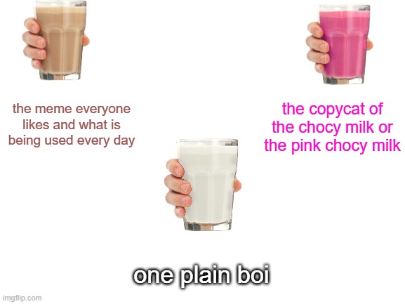 plain boi | the copycat of the chocy milk or the pink chocy milk; the meme everyone likes and what is being used every day; one plain boi | image tagged in blank white template | made w/ Imgflip meme maker