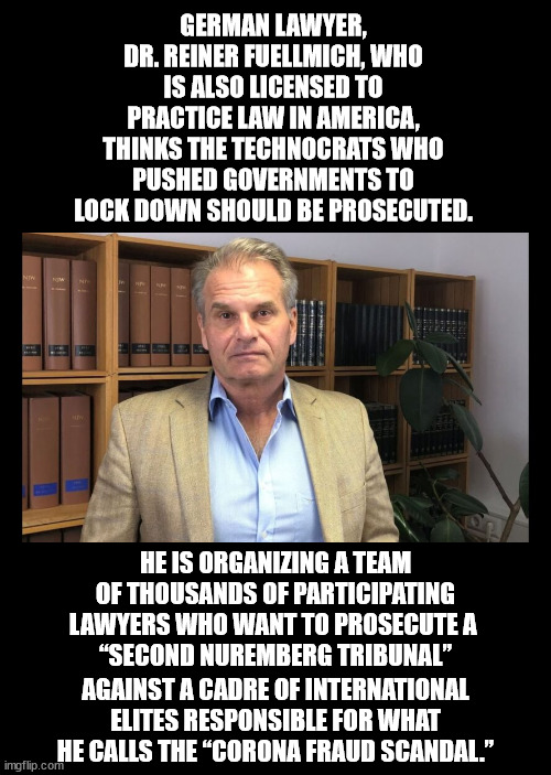 I wish him luck, he will be fighting the New World Order who is extremely well funded.  These lock downs destroyed lives. | GERMAN LAWYER, DR. REINER FUELLMICH, WHO IS ALSO LICENSED TO PRACTICE LAW IN AMERICA, THINKS THE TECHNOCRATS WHO PUSHED GOVERNMENTS TO LOCK DOWN SHOULD BE PROSECUTED. HE IS ORGANIZING A TEAM OF THOUSANDS OF PARTICIPATING LAWYERS WHO WANT TO PROSECUTE A 
“SECOND NUREMBERG TRIBUNAL”; AGAINST A CADRE OF INTERNATIONAL ELITES RESPONSIBLE FOR WHAT HE CALLS THE “CORONA FRAUD SCANDAL.” | image tagged in lockdown,destroyed lives,pandemic | made w/ Imgflip meme maker