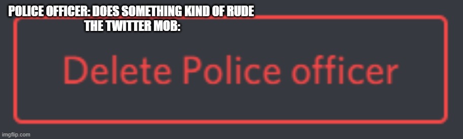 E | POLICE OFFICER: DOES SOMETHING KIND OF RUDE 
THE TWITTER MOB: | image tagged in political meme | made w/ Imgflip meme maker