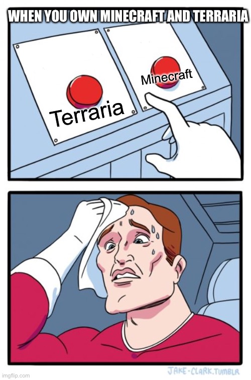 I have the same dilemma | WHEN YOU OWN MINECRAFT AND TERRARIA; Minecraft; Terraria | image tagged in memes,two buttons | made w/ Imgflip meme maker