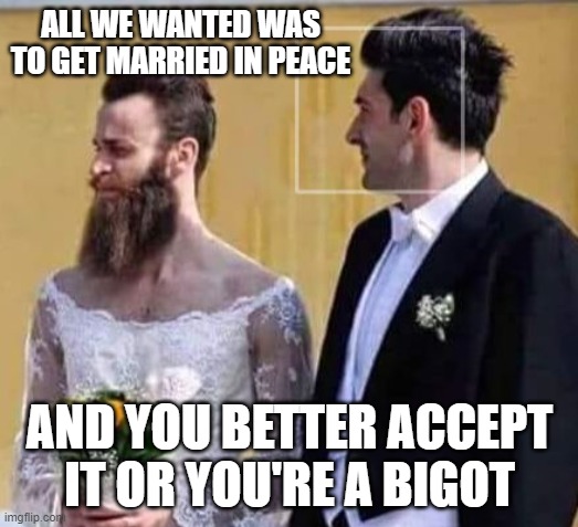 Gay marriage | ALL WE WANTED WAS TO GET MARRIED IN PEACE AND YOU BETTER ACCEPT IT OR YOU'RE A BIGOT | image tagged in gay marriage | made w/ Imgflip meme maker