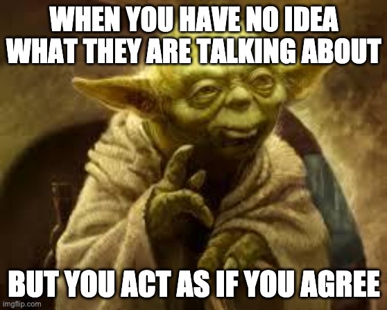 epic mind moments | WHEN YOU HAVE NO IDEA WHAT THEY ARE TALKING ABOUT; BUT YOU ACT AS IF YOU AGREE | image tagged in yoda | made w/ Imgflip meme maker