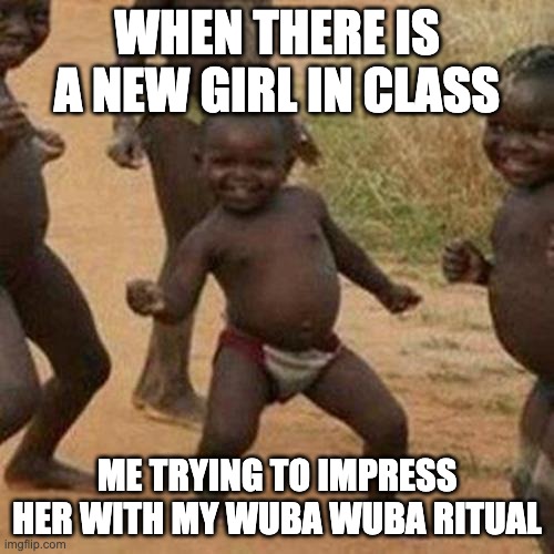 Third World Success Kid | WHEN THERE IS A NEW GIRL IN CLASS; ME TRYING TO IMPRESS HER WITH MY WUBA WUBA RITUAL | image tagged in memes,third world success kid | made w/ Imgflip meme maker