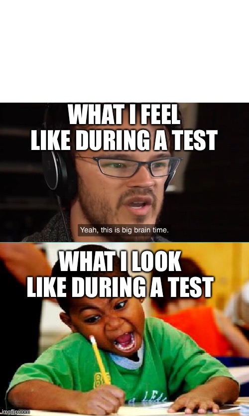 WHAT I FEEL LIKE DURING A TEST; WHAT I LOOK LIKE DURING A TEST | image tagged in yeah this is big brain time,funny kid testing | made w/ Imgflip meme maker