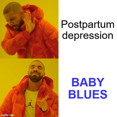 I'm sure this one's pretty obvious | Postpartum depression; BABY BLUES | image tagged in memes,drake hotline bling,postpartum,depression,baby | made w/ Imgflip meme maker
